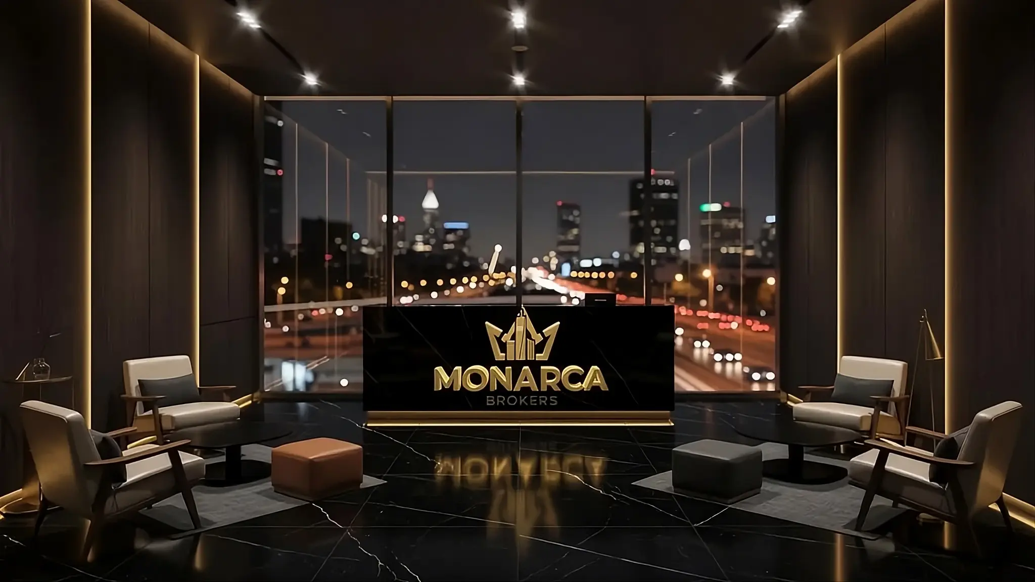 Sede Central Monarca Brokers - Asesoría Inmobiliaria Élite Recepción ejecutiva de lujo de Monarca Brokers en Polanco, Ciudad de México, con logotipo dorado integrado en arquitectura de mármol negro.